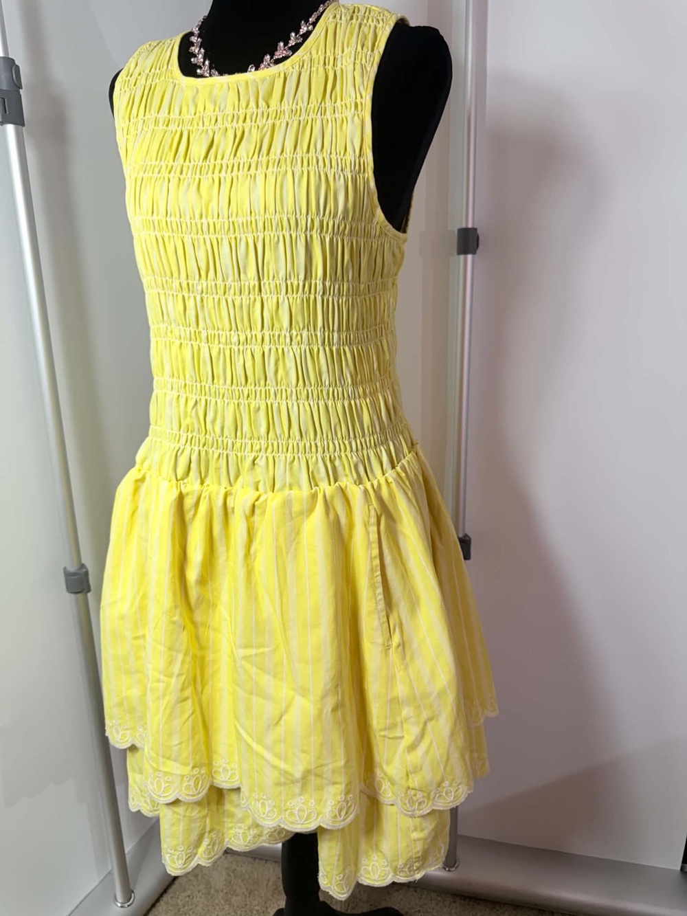 #262 Free Assembly Lemon Yellow Smocked Tiered Eyelet Dress – M